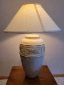 lot 35 image: Table Lamp. Pottery Body.  A band of Feather Decorations.