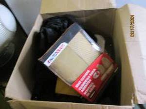 box of automotive ,stickers , scrapers and more