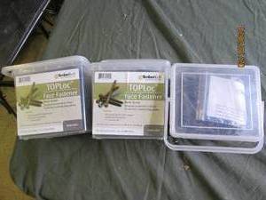 3 plastic containers of top loc face fastneners dark grey 350 compositepvc deck screws per container 1-t20 bit per container
