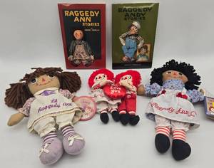 lot 96 image: 2 Hardcover Raggedy Ann & Andy Books and 3 Collectible Dolls