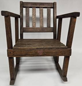 lot 101 image: Vintage Farmhouse Slat Wood Child Doll Rocking Chair 
