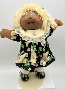 lot 80 image: Vintage CABBAGE PATCH Doll Reroot Silver POPCORN Haired Girl Doll in Fancy Collared Dress HM#2