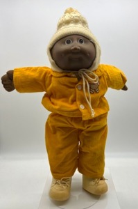 lot 86 image: Vintage Preemie CABBAGE PATCH Boy Doll Baldy Brown Eyes in CPK Corduroy Romper & Hat HM#2