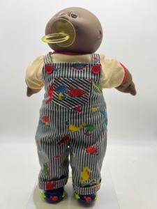 lot 158 image: Vintage Preemie CABBAGE PATCH Paci Boy Doll Baldy Brown Eyes in CPK Overalls HM#4