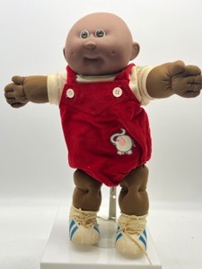 lot 162 image: Vintage Preemie CABBAGE PATCH Baldy Boy Doll Brown Eyes in CPK Elephant Romper Overalls HM#9