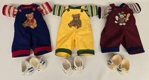 lot 227 image: 3 Bib Overall Outfits  wStriped Shirts & Shoes Cabbage Patch Dolls 