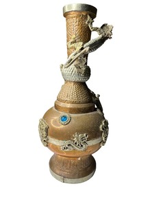 Vintage Copper & Brass Double Dragon Vase With Blue & Red Stones Eastern Art