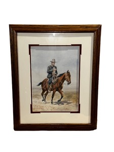 Vintage lithograph art print from the 1960s captures the essence of the Old American West with Russell on Red Bird by Charlie Russell (1864-1926), part of the esteemed Union 76 collection