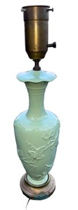 Refreshing Irish Mint Green Fenton Lamp with Elegant Purple Trim