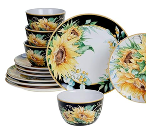 lot 224 image: Sunflower Fields 12 piece Dinnerware Set, Service for 4. Bowl, Dinner plate, and Salad plates. NEW