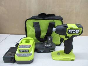 lot 217 image: Ryobi ONE HP 18V Cordless Compact Brushless 14 Impact Driver PSBID01 TOOL, BATTERY, CHARGER, AND BAG USED