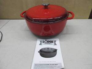 lot 223 image: Lodge 7.5 Quart Enameled Cast Iron Dutch Oven with Lid  Dual Handles  Oven Safe up to 500° F or on Stovetop - Use to Marinate, Cook, Bake, Refrigerate and Serve  Island Spice Red ENAMEL DAMAGED (see pictures for details)