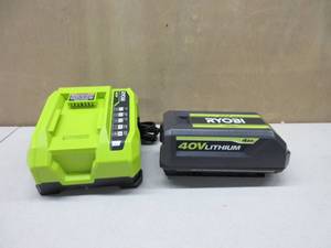 lot 228 image: Genuine Ryobi 40V Lithium-Ion 4.0 Ah Battery and Rapid Charger NEW, TESTED, WORKS