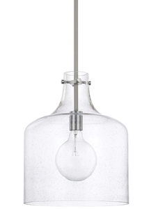 lot 280 image: HomePlace Lighting 325712BN Crawford UrbanIndustrial Clear Seeded Glass Jar Pendant Light, 1-Light 100 Watt, 15 H x 12 W, Brushed Nickel NEW