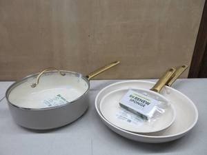 lot 237 image: GreenPan Reserve Hard Anodized Healthy Ceramic Nonstick 10 Piece Cookware Pots and Pans Set, Gold Handle, PFAS-Free, Dishwasher Safe, Oven Safe, Taupe Brown DAMAGED ON RIM AND A COUPLE OF SCUFFS. (see pictures for details)