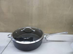 lot 264 image: Calphalon Contemporary Hard-Anodized Aluminum Nonstick Cookware, Saute Pan, 3-quart, Black SLIGHTLY USED, DENTED A BIT LID DOESNT CLOSE ALL THE WAY, SCRATCHES, SCUFFS   STILL GOOD FOR USE. SEE PICTURES FOR DETAILS.