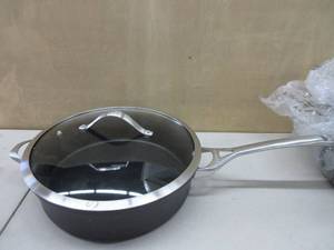 lot 271 image: Calphalon Contemporary Nonstick 5-Quart Saute with Glass Lid NEW SCRATCHES ON RIM, SMALL DENT ON RIM ON LID. SEE PICTURES FOR DETAILS