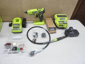 lot 291 image: RYOBI 18V ONE 2-Tool Kit - Rotary Tool with Accessorie kit, Ryobi Glue Gun. Comes with Battery and Charger, 13.5 X 7.75 X 7.75 (PCL1205K1) EVERYTHING INCLUDED. NOT TESTED
