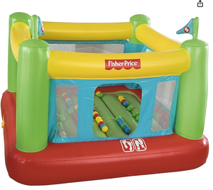 lot 377 image: Fisher-Price 93532E Bouncesational Bouncer - Inflatable Bounce House, Green, Yellow, Red, Blue DID NOT FIND ANY TEARS OR RIPS, PUMP WORKS
