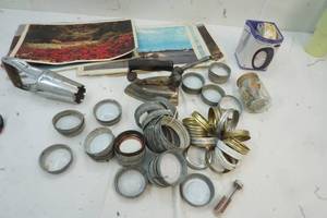 Variety Plastic Placemats, Vintage Iron, canning tops, Bulb planter, rechargable light