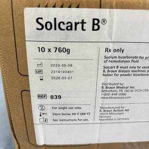 1 Case (10case) NEW B. Braun 839 760g Solcart B Single-Use Bicarbonate Cartridges for Dialog Hemodialysis System - Expiration 526 box has rips