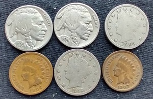 (6) Vintage American Coins - Buffalo, V Nickel, Indian Penny