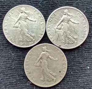 (3) French Silver 50 Centimes Coins