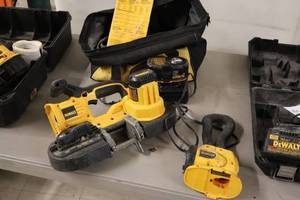 lot 600 image: DeWalt 18V Cordless Bandsaw DCS370 with Battery, Charger, DeWalt Tool Bag, Extra Bandsaw Blades, Work Flashlight