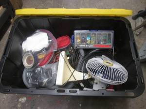 Covered tote containing 12v electrical wiring supplies, fuses and more