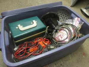Vintage Lawrence fish finder, folding shovels, boat anchor and other fishing supplies