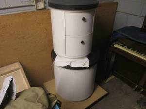Cylinder style End table with drawers and matching Coffee table without drawers plus rolling platform dolly