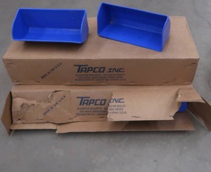 lot 15 image: 2- 8 PACKS OF BLUE ELEVATOR BUCKETS STILL IN CRATES, WITH BOX OF ELEVATOR BOLTS