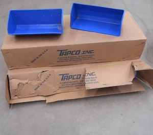 lot 17 image: 2-8 PACKS OF BLUE ELEVATOR BUCKETS STILL IN CRATES , BOX FULL OF ELEVATOR BOLTS