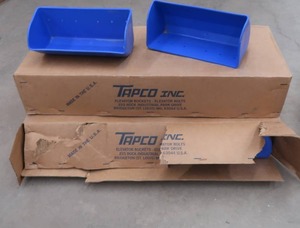 lot 18 image: 2-8 PACKS OF BLUE ELEVATOR BUCKETS STILL IN CRATES,  BOX FULL OF ELEVATOR BOLTS