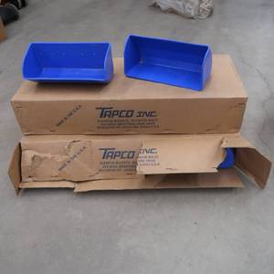 lot 19 image: 2-8 PACKS OF BLUE ELEVATOR BUCKETS STILL IN CRATES,  BOX FULL OF ELEVATOR BOLTS