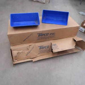 lot 20 image: 2-8 PACKS OF BLUE ELEVATOR BUCKETS STILL IN CRATES,  BOX FULL OF ELEVATOR BOLTS