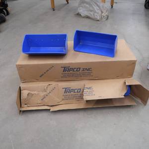 lot 21 image: 2- 8 PACKS OF BLUE ELEVATOR BUCKETS STILL IN CRATES,  BOX FULL OF ELEVATOR BOLTS