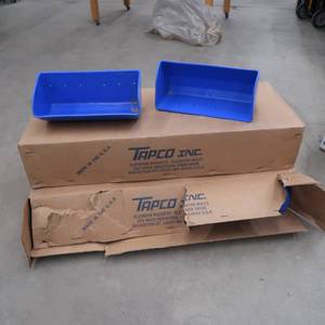 lot 22 image: 2- 8 PACKS OF BLUE ELEVATOR BUCKETS STILL IN CRATES,  BOX FULL OF ELEVATOR BOLTS