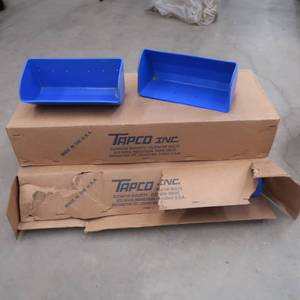 lot 23 image: 2- 8 PACKS OF BLUE ELEVATOR BUCKETS STILL IN CRATES,  BOX FULL OF ELEVATOR BOLTS