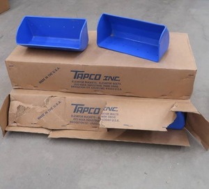 lot 24 image: 2- 8 PACKS OF BLUE ELEVATOR BUCKETS STILL IN CRATES,  BOX FULL OF ELEVATOR BOLTS