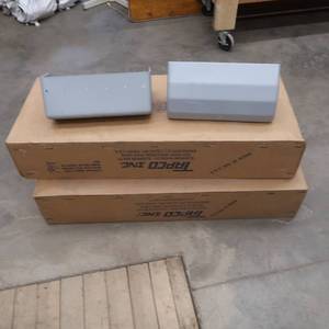 lot 25 image: 2- 8 PACKS OF GREY ELEVATOR BUCKETS STILL IN CRATES,  BOX FULL OF ELEVATOR BOLTS