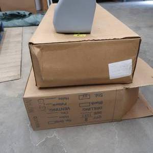 lot 26 image: 2- 8 PACKS OF GRAY ELEVATOR BUCKETS STILL IN CRATES,  BOX FULL OF ELEVATOR BOLTS