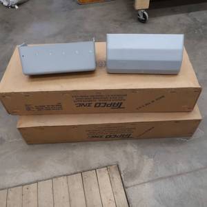 lot 29 image: 2- 8 PACKS OF GRAY ELEVATOR BUCKETS STILL IN CRATES,  BOX FULL OF ELEVATOR BOLTS