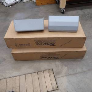 lot 30 image: 2- 8 PACKS OF GRAY ELEVATOR BUCKETS STILL IN CRATES,  BOX FULL OF ELEVATOR BOLTS