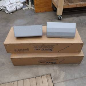 lot 31 image: 2-8 PACKS OF GRAY ELEVATOR BUCKETS STILL IN CRATES,  BOX FULL OF ELEVATOR BOLTS