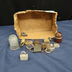 lot 88 image: RANDOM VINTAGE LOCKS, GLASS TELEGRAM INSULATOR