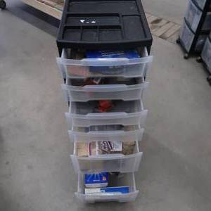 lot 93 image: 6 DRAWER ROLLING CART FILLED WITH TOOLS AND AUTO PARTS