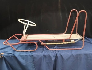 lot 99 image: VINTAGE BOBSTER SLED WITH STEERING WHEELNEAT PIECE
