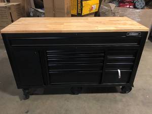 Husky 61 in. W x 26 in. D Heavy Duty 10-Drawer 1-Door Mobile Workbench with Hardwood Top, Pegboard and Shelf in Matte Black  Customer Returns See Pictures