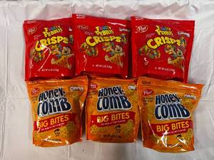 6x 6 oz Bags 3 Fruity Pebble Crisps & 3 Honey Comb Bites
